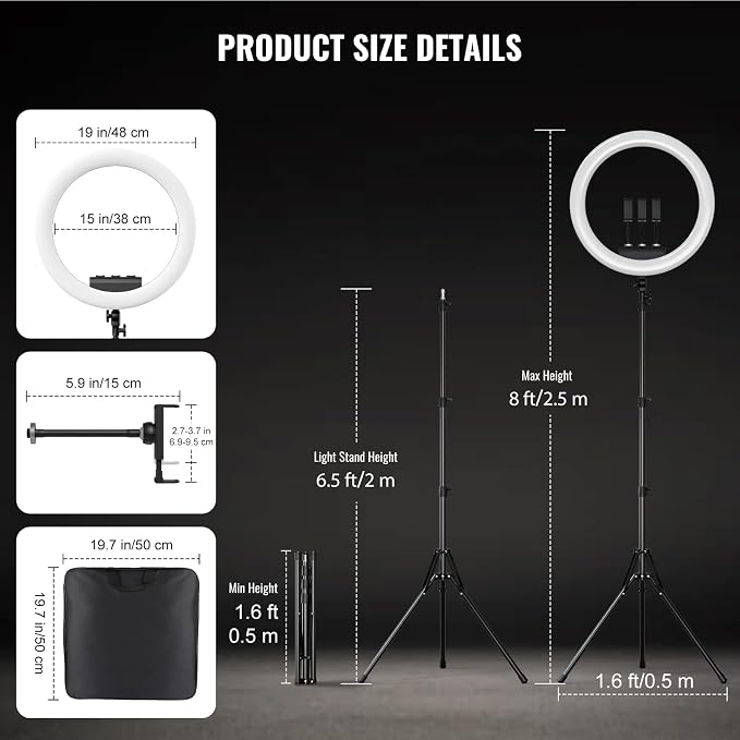 Large Ring Light with Stand, 19" Ring Light Tripod for iPhone, Professional Led Ringlight for Live Streaming, Barber, Makeup, YouTube, Tiktok, Black