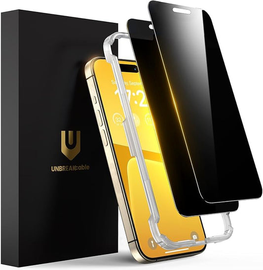 UNBREAKcable Privacy Screen Protector for iPhone 15 Pro, Anti-Spy Shatterproof Tempered Glass [True 28°Anti Spy] [9H Hardness] [Easy Installation Frame] Black Protector for Apple iPhone 6.1" - 2 Pack