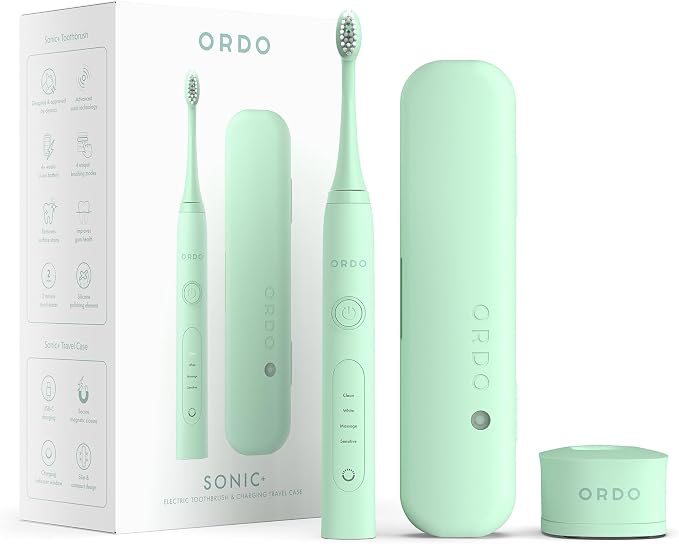 ORDO Sonic+ Electric Toothbrush with Case, Sonic Toothbrushes for Adults, Charging Travel Case, 4 Brushing Modes, Fast Rechargeable Battery, Silicone Polishing, USB Charger, Mint Green