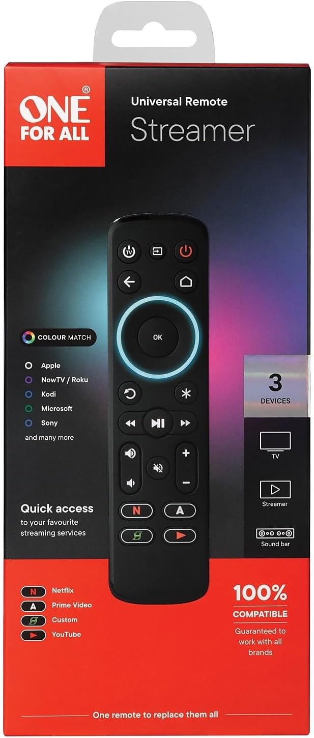 One For All Streamer Remote (New, in Retail Packaging) – Controls up to 3 Devices - (IR) - Control Your Streamer Box, TV and Sound bar – Learning Feature - Backlit Keys - Black – URC7935