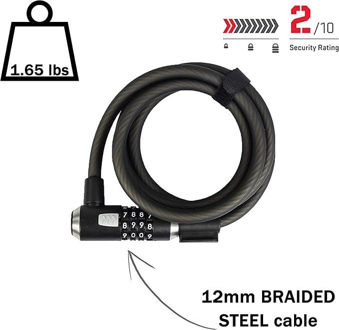 Kryptonite KryptoFlex Bike Lock Cable, 2FT/6FT/10FT Long 12mm Thick Heavy Duty Braided Steel Cable Anti-Theft Security Lock for Outdoor Equipment, Combination/Key Bike Lock
