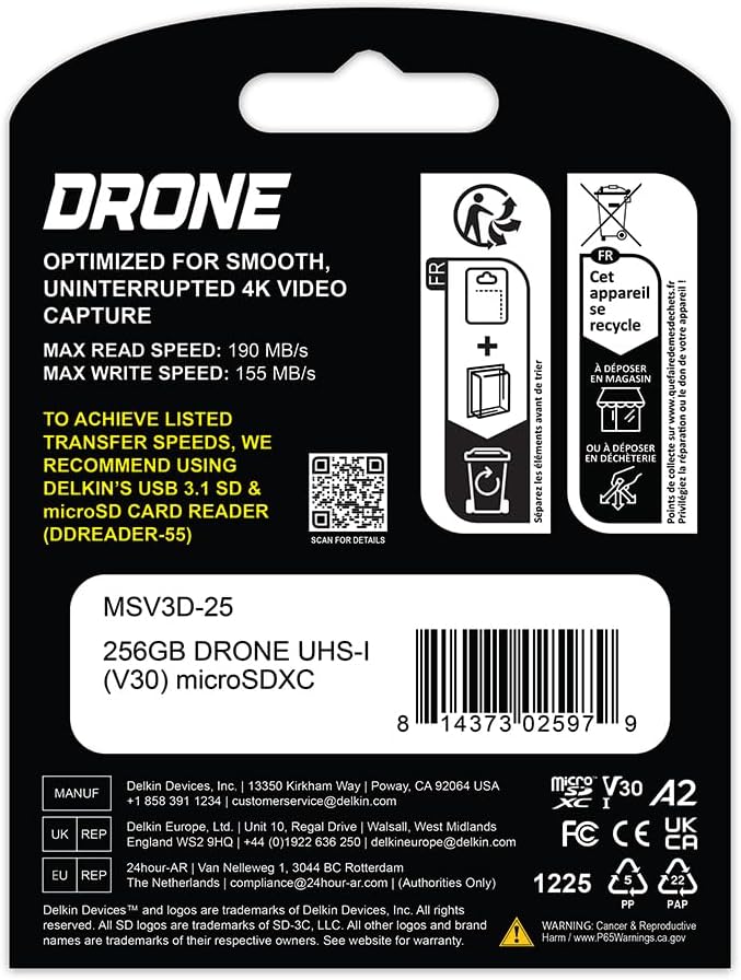 Delkin Devices Drone 256GB microSD Card UHS-I U3 V30 A2 – 190MB/s Read, 155MB/s Write – Designed for Drones, 4K UHD Video, DJI Compatible, microSDXC with Adapter (256GB)