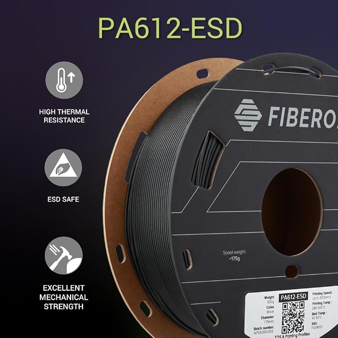 Polymaker Fiberon PA612-ESD 3D Printer Filament 1.75mm 0.5kg, ESD-Safe Carbon Fiber Nylon, Heat Resistant to 150°C, Chemical Resistant, Industrial Grade Strength, PCB Fixtures, Electronics Housings