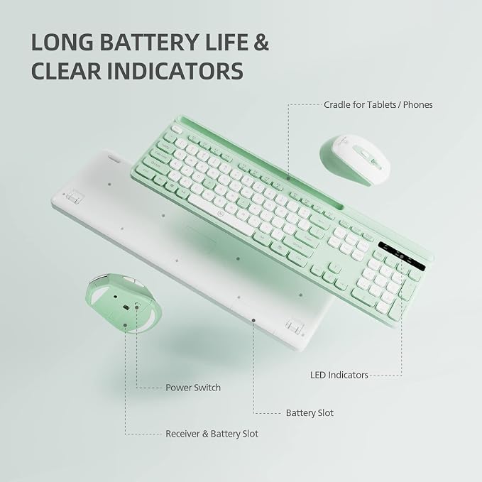 Wireless Keyboard and Mouse Combo,2.4G Ergonomic Keyboard with Foldable Stand and Phone Tablet Holder, Silent Mouse with Adjustable DPI, Compatible with Windows, Mac OS and Linux (KM-239W-WHGN)
