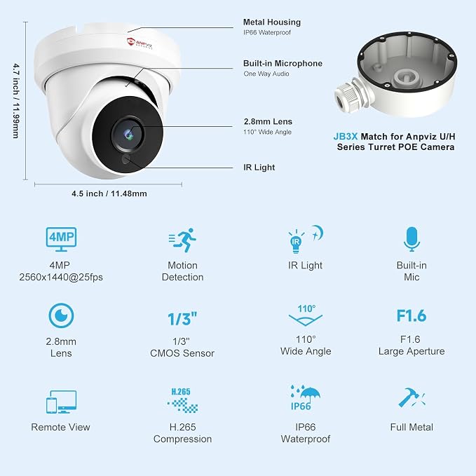 Anpviz 4MP PoE IP Turret Camera with Microphone/Audio, IP Security Camera Outdoor Indoor, Night Vision 50ft, Waterproof IP66, 110° Wide Angle 2.8mm Lens, 24/7 Recording, NDAA, IPC-D3240W-S (U Series)