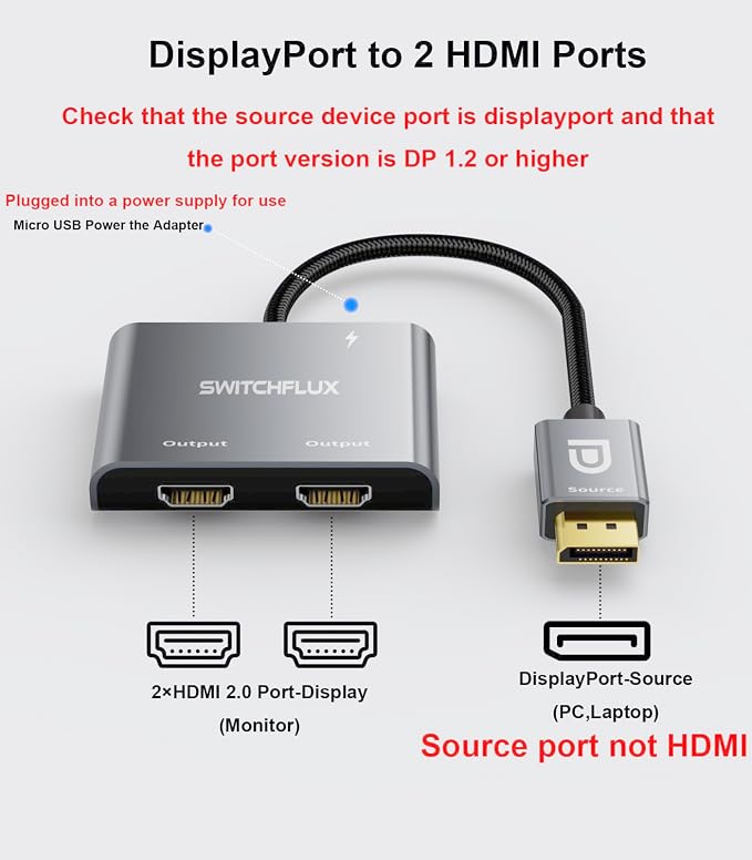 DisplayPort to Dual HDMI Adapter [4K@60Hz] DP to HDMI Splitter 1 in 2 Out Extended Display, DP Male Source Converter for Dual Monitors Compatible with PC,Graphic Card and More
