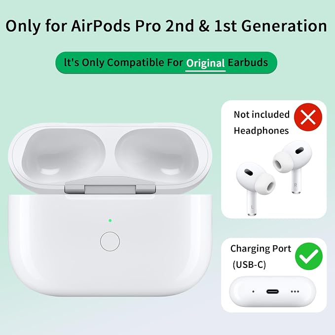 Replacement Charging Case for AirPods Pro 1 & 2 (A2190/A2084/A2083/A2968/A2700/A3047/A3048/A3049/A2931/A2698/A2699) – Lightning & Qi Wireless Charging – Bluetooth Pairing Button – Case Only