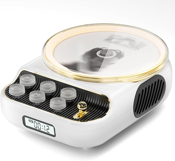 4 in 1 Retro Portable CD Players with Bluetooth Speakers, FM Radio, Night Light, LCD Display, 4000 mAh Battery, Vintage Radio Built in Dual Speakers Supports USB/AUX/Type-C for Home (White)