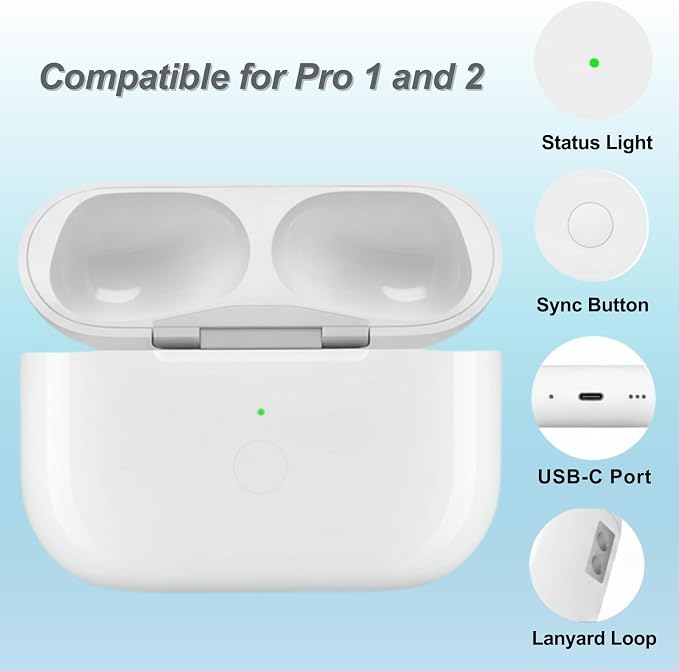 Replacement Charging Case for AirPod Pro 2 and 1 gen, Wireless Charging Cases Compatible with AirPod Pro 1st / 2nd, Wired and Wireless Charging, Bluetooth Pairing Sync, USB C Port