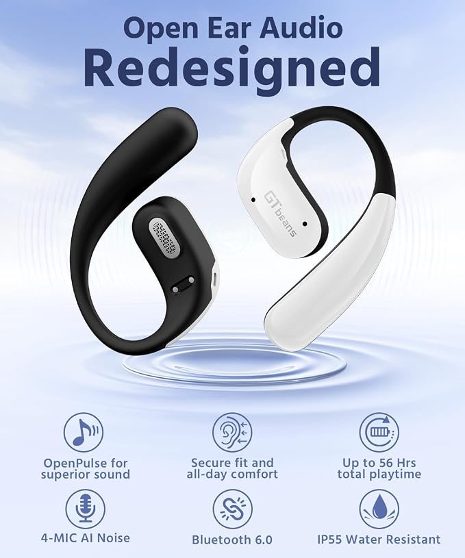 Open Ear Earbuds, Soft Earhook, 56H Playtime, Bluetooth 6.0, Bass | True wireless over ear headphones, Ergonomic fit, Powerful Sound, AI clear call mic, IP55 waterproof for work, sport, White