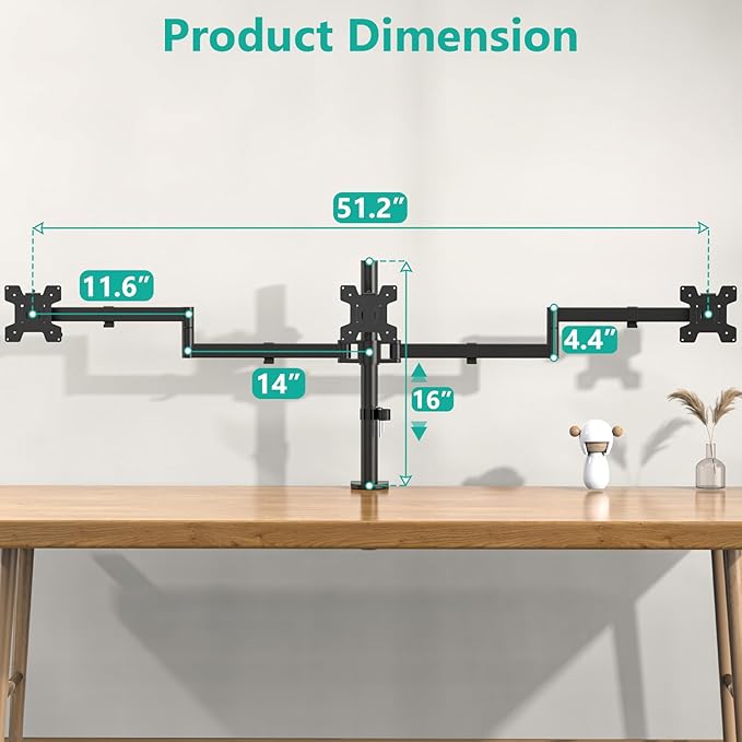 WALI Triple Monitor Mount, 3 Monitor Desk Mount for 13-27 inch Computer Screens, Holds up to 22 lbs, Triple Monitors Stand for Desk, with Tilt, Swivel, Rotation, VESA 75/100mm (M003S), Black