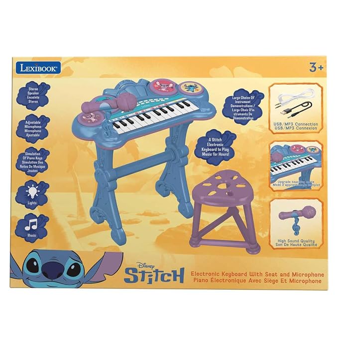 Lexibook, Stitch Electronic Keyboard with Seat and Microphone, 24 Light-Up Keys for Learning Music and Aux-in Cable, Blue, K707D