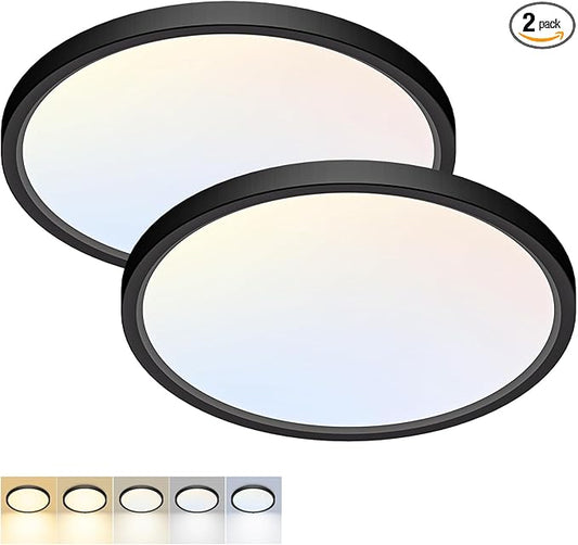 2 Pack LED Flush Mount Ceiling Light,12Inch 24W,3000K/3500K/4000K/5000K/6500K 5 Color Temperatures Ceiling Light Fixture for Kitchen Porch Hallway Bedroom Bathroom and Closet,Black
