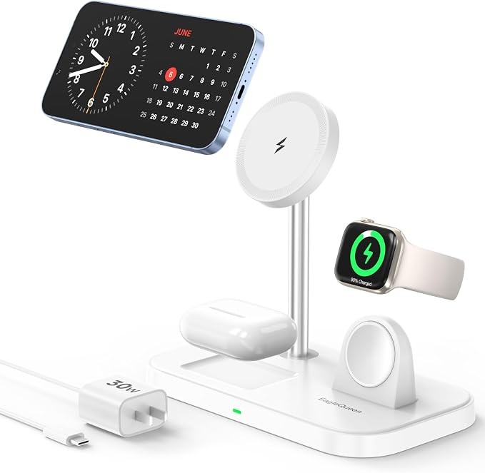 3 in 1 Wireless Charging Station for Apple Devices, MagSafe Charger Stand with 30W Adapter, Wireless Charger for iPhone 15/14/13/12 Series, Apple Watch Series 1-9 and AirPods (White)