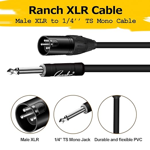 Ranch 2Pcs 10ft Male XLR to 1/4 TS Mono Jack Microphone Cable Quarter Inch to XLR Male Unbalanced Interconnect Cable - Black