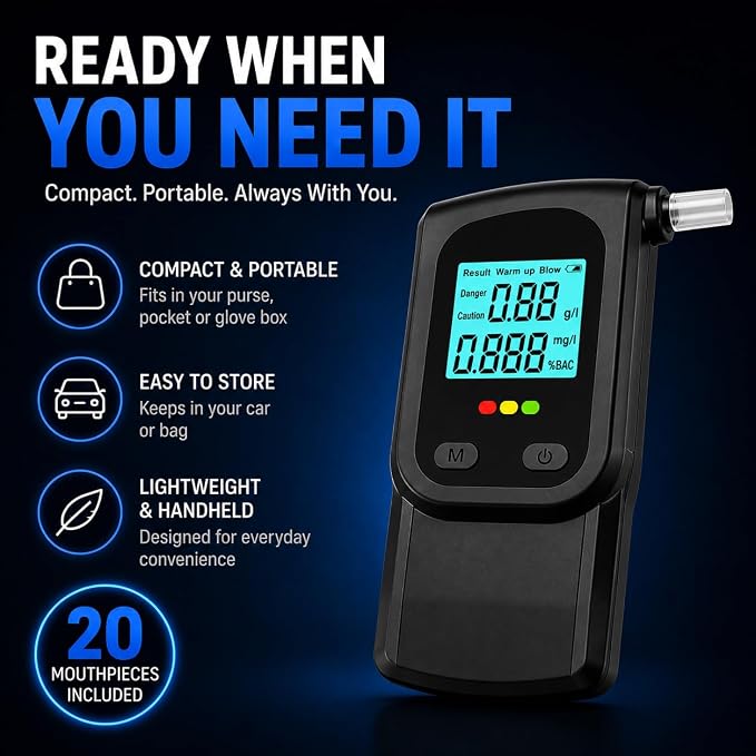 Breathalyzer Alcohol Tester with 20 Mouthpieces, Portable BAC Tester with LCD Display, Personal Alcohol Breathalyzer for Home, Travel, Parties & Quick Alcohol Level Checks Before Driving | Quick BAC Reference Color-Coded Alerts One-Button Use Active Bl...