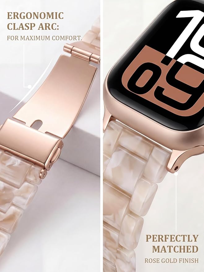 V-MORO Lightweight Resin Bands Compatible with Apple Watch Series 11/10/9/8/7 Band Rose Gold Stainless Steel Buckle Fashion Strap for iwatch Series SE/6/5/4/3/2/1(Pink Tan,42mm/41mm/40mm/38mm)