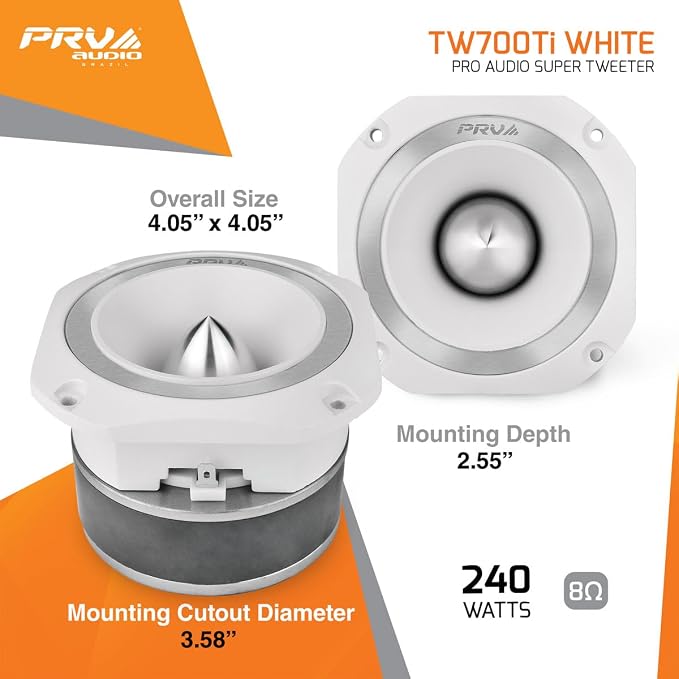 PRV AUDIO TW700Ti White 4 Inch Titanium Bullet Tweeter 240 Watts, 8 Ohm Super Tweeter, Built-in Capacitor Pro Audio High Frequency Driver (2 Tweeters)