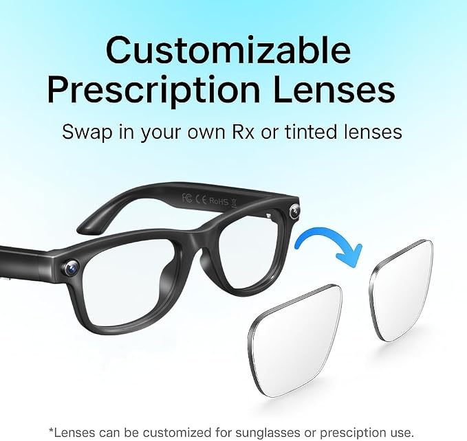 AI Smart Glasses with 4K Camera & Audio | Bluetooth Video Recording Sunglasses with ChatGPT Translation, Voice Control, EIS Stabilization, Object Recognition, Smart Glasses for Men & Women (Black-Q6)