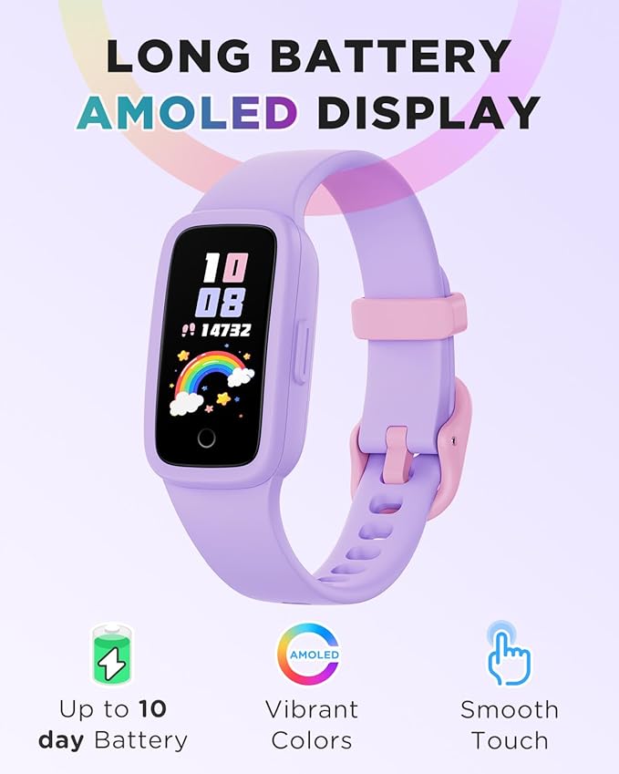 BIGGERFIVE Vigor 3 Kids Fitness Tracker Watch, AMOLED Screen, No App No Phone Needed, 3ATM Waterproof, Heart Rate and Sleep Monitor, Pedometer Watch, Sports Step Counter for Girls Ages 5-15, Lilac