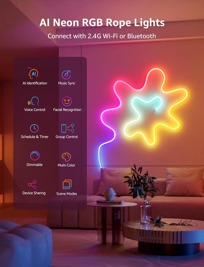 Lepro N1 AI Smart RGB Rope Lights for Christmas, Personalized AI Lighting Designer, LightBeats Music Sync, Color Segment DIY, Voice Control Via App, 32.8ft Wi-Fi & Bluetooth LED Strip Lights