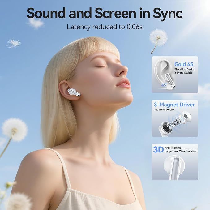 Wireless Earbuds, Bluetooth 5.4 Headphones HiFi Stereo with 4 HD Mic, 50H Playtime Bluetooth Earbuds with Dual LED Display, IPX7 Waterproof Wireless Earphones, Touch Control Ear Buds,USB-C,White