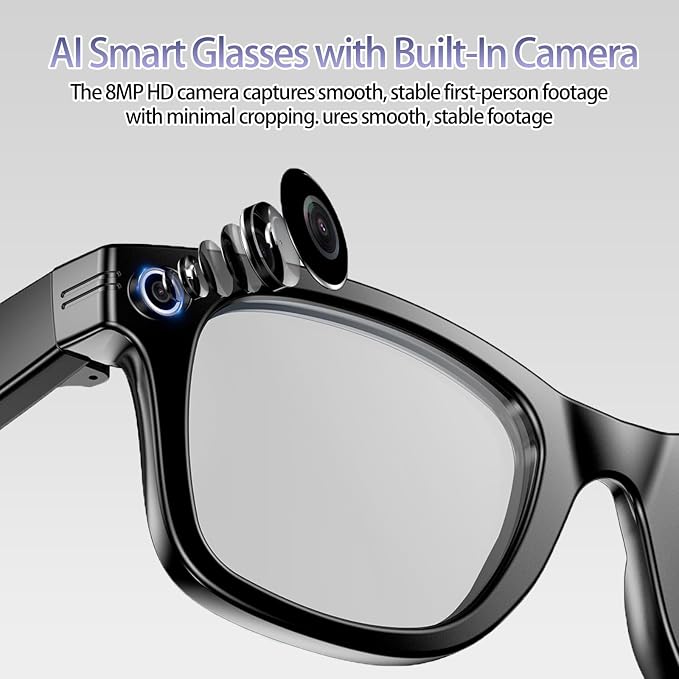 AI Smart Glasses with Camera 8MP HD Camera Glasses for Men Women 1080P Video Recording Sunglasses Real-time Translation, Open-Ear Audio for Travel, Meetings & Vlogging