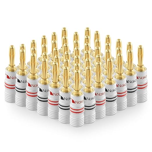 Nakamichi Excel Series 24k Gold Plated Banana Plugs 12-18 AWG Gauge Size 4mm for Speakers Amplifier Hi-Fi Receiver Stereo Home Theatre Audio Wire Cable Connector Set Screw Type 48 Pcs (24-Pairs)