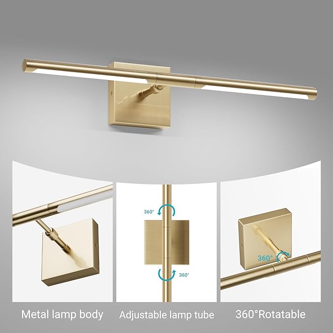 Tipace Modern Bathroom Light Fixtures,Hardwired Wall Sconces,360°Rotate,LED Brushed Brass Vanity Light Bar,5500K White Light Wall Wall Light Fixtures for Bathroom,Living Room,23.6 Inch