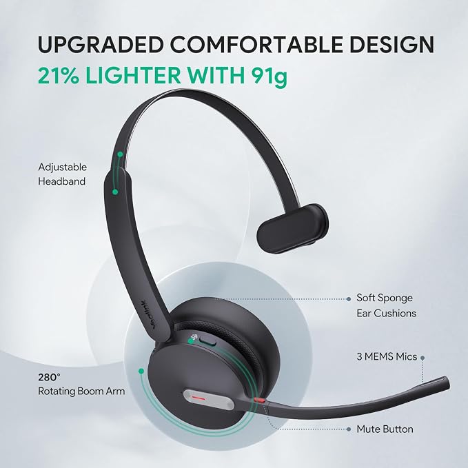 Yealink BH70 Mono Wireless Headset with AI Microphone Sound Isolation for WFH Open Office Worker, 35h Talking, Native Bluetooth Certified via Microsoft Teams, Compatible with Cisco Zoom Google, USB-A