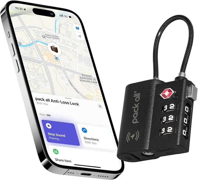pack all Anti-Lost Tracking Luggage Lock, Smart TSA Approved Cable Lock with 3-Digit Combination, Built-in Tracker, Compatible with Apple Find My (Black, 1-Pack)
