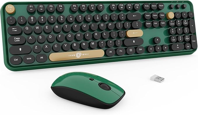 Wireless Keyboard and Mouse Combo Cute Colorful Keyboard and Mouse, Retro Typewriter Keyboard with 2.4GHz Plug & Play, for Windows 11/10/7, Laptop, PC (Dark Green)
