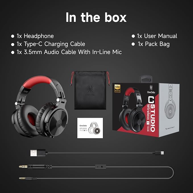 OneOdio Bluetooth Over Ear Headphones, 110 Hrs Wireless/Wired Stereo Sound Foldable Headsets with Deep Bass 50mm Neodymium Drivers for PC/Phone/Tablet - Studio Wireless Pro C, Red