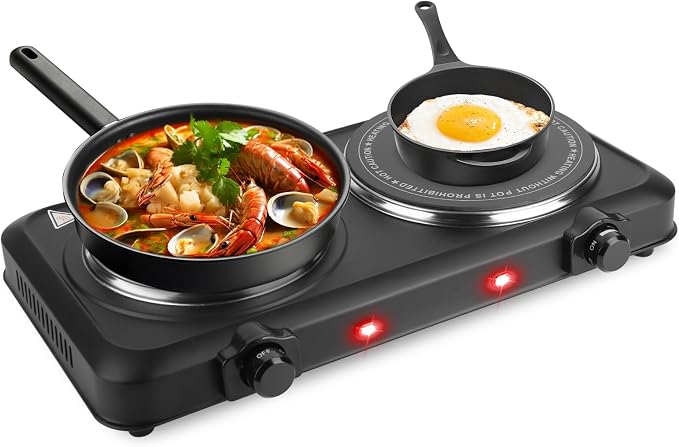 1800W Infrared Dual Burner Portable Electric Hot Plate | 7.5” & 6.3” Glass Cooktops with Stepless Temperature Control (302℉ to 1022℉) | Compact Heating Solution for Home, RV, Camping, and Dorms