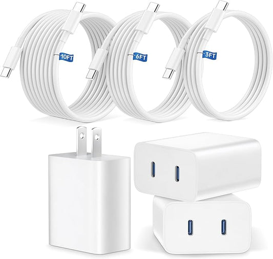 iPhone 15 16 17 Pro Max Charger Fast Charging,3 Pack 45W Dual Port USB C Charger Block with 3/6/10FT Long Type C Charging Cable for iPhone 17/17 Air/17 Pro Max/17 Pro/16/15 Pro Max/Pro/Plus/iPad Pro