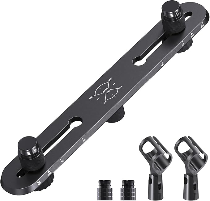 Stereo Array Spacing Mic Bar Mount, Aluminum Dual Microphone Holder with Ruled Markings & Adjustable Positioning, Fits 5/8", 3/8" & 1/4" Stands, Ideal for XY/ORTF Recording, Studio, Podcasting