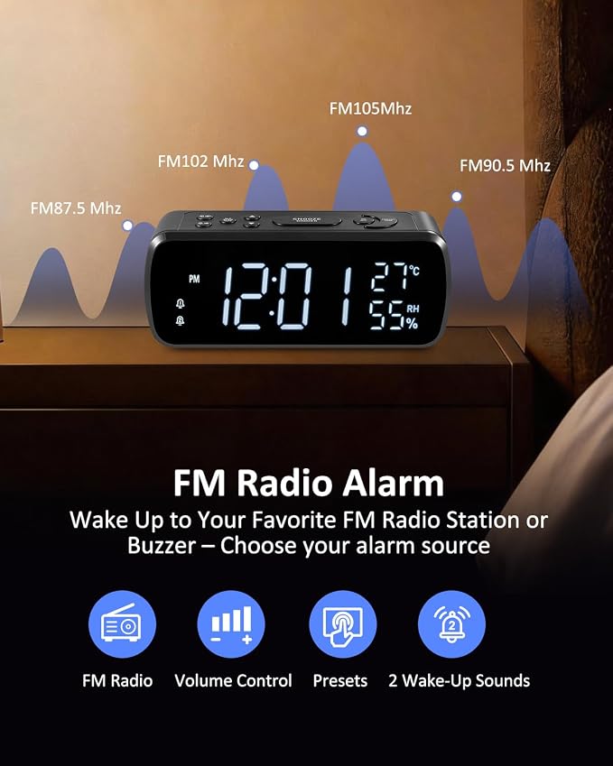 G Keni Digital Alarm Clock with FM Radio for Bedroom,2 Alarms with Large LED Display,USB Charger, Preset, Dimmer, Sleep Timer,Temperature,Relative Humidit, Adjustable Volume, Snooze
