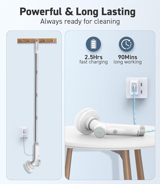Electric Spin Scrubber, VEWIOR Cordless Shower Scrubber with 3 Adjustable Angle, Cleaning Brush with 2 Speeds 3 Replaceable Brush Heads for Bathroom Kitchen Tub