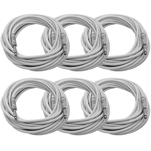 Seismic Audio - SASTSX-25White-6PK - 6 Pack of 25 Foot White 1/4 Inch TS Patch Cables - 25' Professional Audio Unbalanced 1/4" Patch Cords