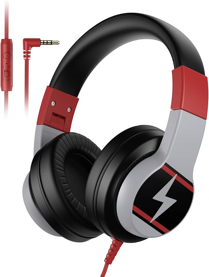 Candy Bila Kids Headphones, Wired Headphones for Kids Over Ear with Microphone, 85/94dB Volume Headphone for Girls Boys, Foldable Headphone for Learning & Entertainment, Black and Red