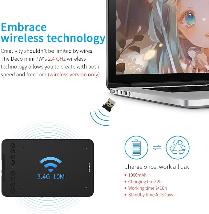 Wireless Drawing Tablet XPPen Deco mini7W Graphic Tablet Pen Tablet with 8192 Levels Pressure, 7 x 4 inch Artist Tablet for Online Teaching/E-Learning Compatible with Window/Mac/Android/Chrome/Linux