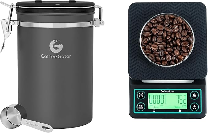 Coffee Gator Coffee Canister -22oz Airtight Stainless Steel and Coffee Scale 0.1 Precision with Timer