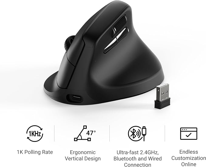 Keychron M5 Wireless Ergonomic Mouse, Compact Vertical Mice with Thumb Wheel, Silent Clicks, 2.4 GHz/Bluetooth/Wired Rechargeable, Customizable Buttons, for Laptop macOS/Windows - Black