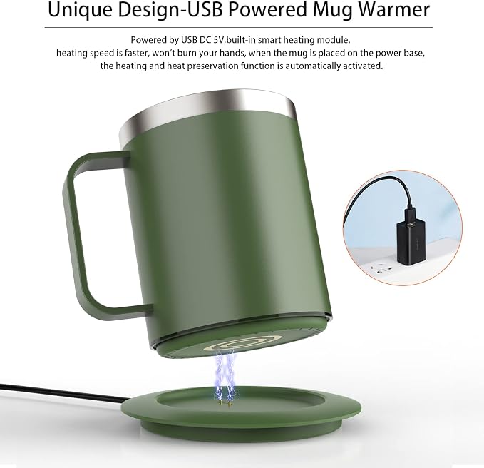 Gifts for Women Men, Heated Coffee Mug Up to 149°F, Ideal Gifts for Christmas, Birthday, Mother's Day, Father's Day or Any Occasion (12oz Green)