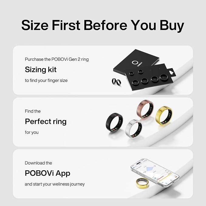 POBOVi Gen 2 Titanium Smart Ring for Women & Men, Sleep & Heart Rate Tracker, No Subscription, Size Before You Buy (Polished Gold, Size 10)