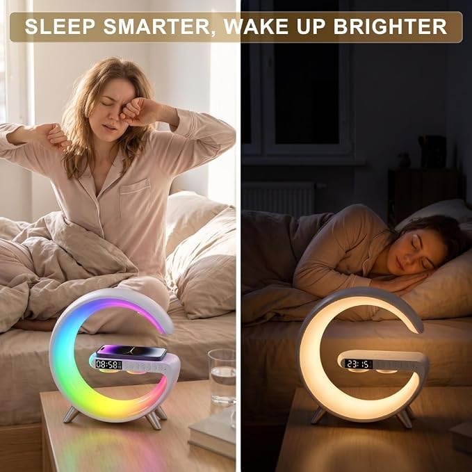 Smart LED Bedside Table Lamp, 4-in-1 Wireless Charger, Night Light, Alarm Clock, Bluetooth Speaker with App Control
