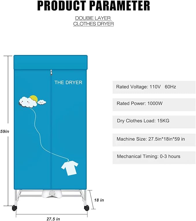 Portable Dryer, 110V 1000W Electric Clothes Dryer Machine, Double Layer Stackable, Stainless Steel, Blue, 15kg Capacity, Front Load, Ideal for Apartments, RV, Families, Campers