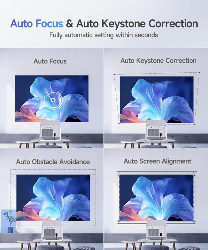 Smart Projector with 4K 8K Support, Android 14 mini Projector with Wifi and Bluetooth, 600 ANSI, Auto Focus & Keystone, Obstacle Avoidance, 1080P Portable Movie Proyector, HY350Max for Home Outdoor