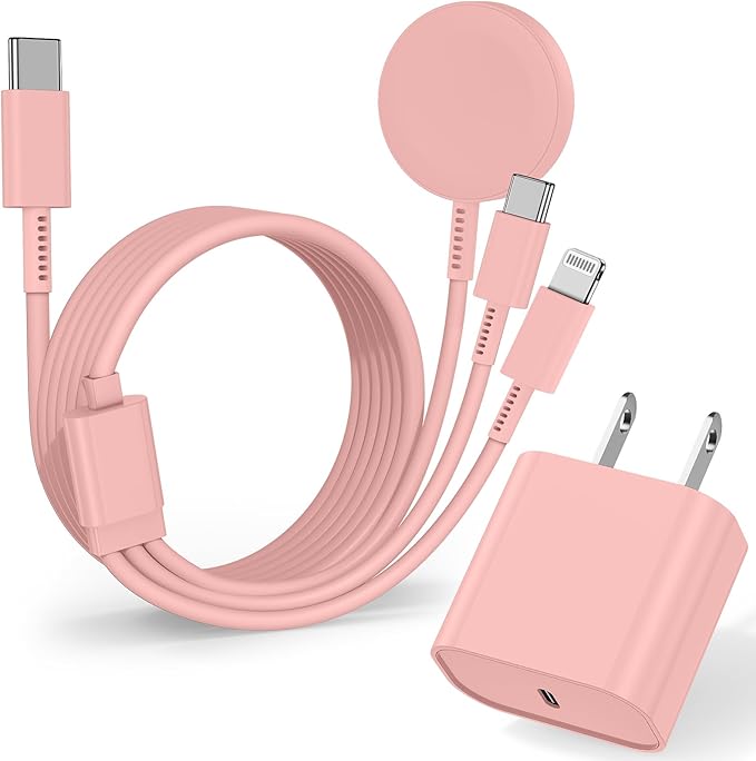 20W USBC for Apple Watch Charger Fast Charging,3in1 Multiple Cable for iWatch USBC Charger Cord 6FT for Apple Watch Series 11/10/9/8/7/Ultra3/Ultra 2/6/5/4/3/2/1/Ultra/iPhone 17/16/15/14/13/12/11-Pink