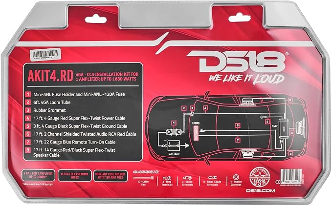 DS18 AKIT4.RD 4-GA Amplifier Installation Kit Up to 1680 Watts RMS, Mini-ANL Fuse Holder, Speaker & RCA Cables, CCA Amplifier Wiring Kit, Ultra Flex Wire, Amp Wire Kit, Amp Wiring Kit 4 Gauge - Red